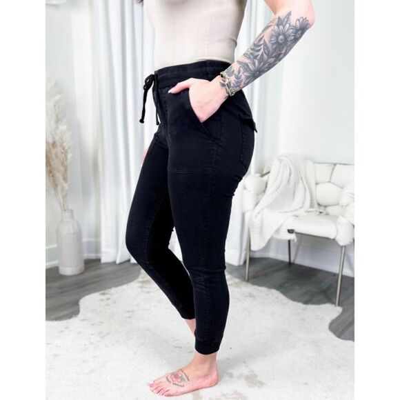 White Birch High Rise Joggers Black Drawstring Flap Pockets Women’s Size XL - Picture 2 of 10